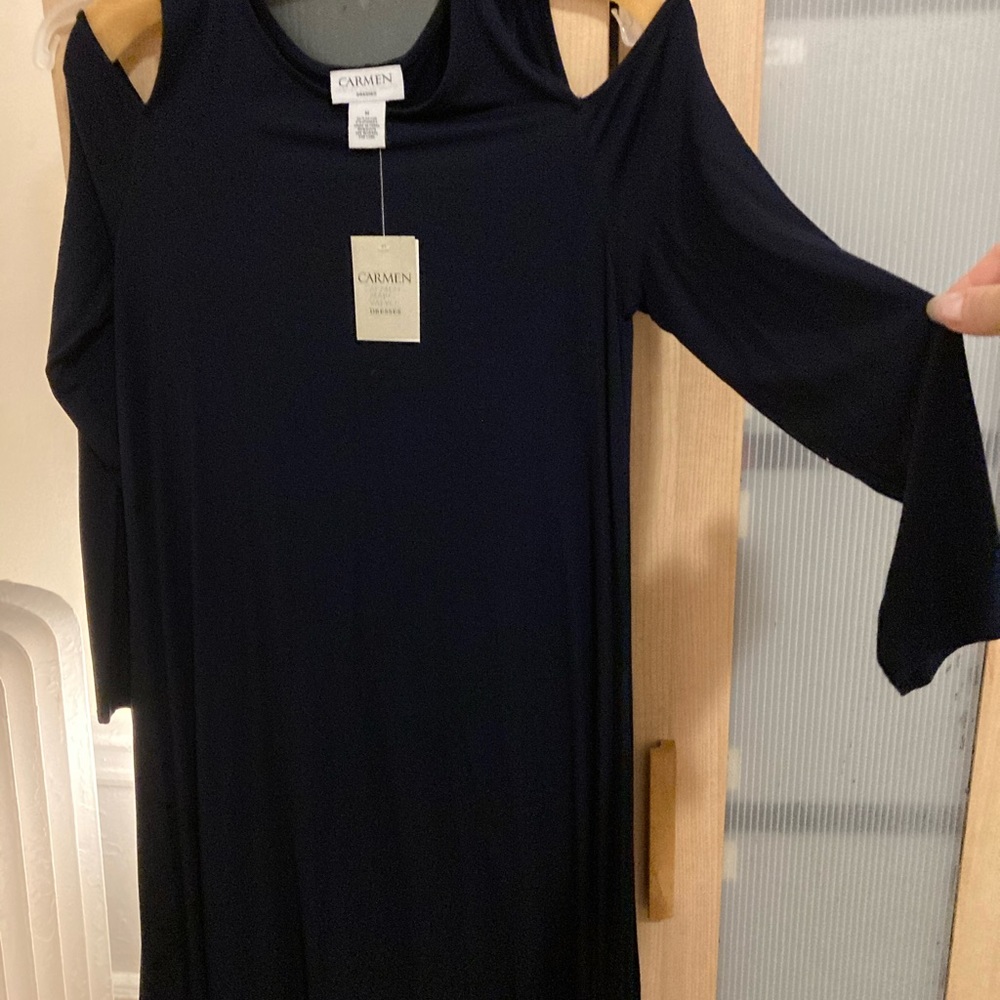 Carmen Marc Valvo navy knit cold shoulder dress - Picture 2 of 5